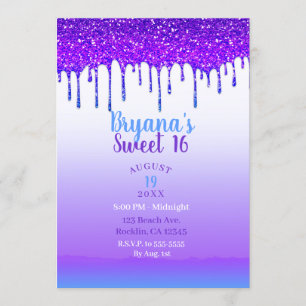 Lila Rosa & Blå Glitter Dropp Sweet 16 Fest Inbjudningar