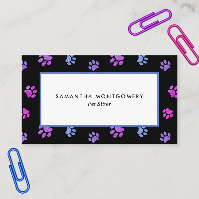 Lila Rosa Blå Tassavtryck Professionell Husdjursva Visitkort (Purple Pink Blue Paw Print Professional Pet Sitter Business Card)