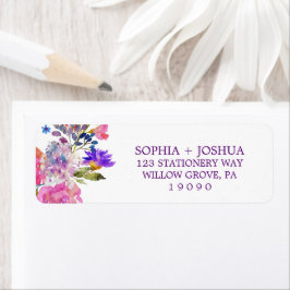 LILA ROSA & BLÅA BLOMMOR BRÖLLOP RETURADRESS RETURADRESS ETIKETT