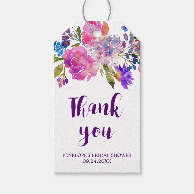 LILA ROSA & BLÅA BLOMMOR MÖHIPPA TACK PRESENTETIKETT (Framsidan)