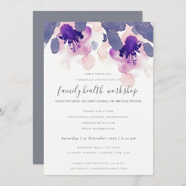 LILA ROSA BLÄCK VATTENKOLOR BLOMMIGT ARBETSSHOP EV INBJUDNINGAR (Fram/baksida)