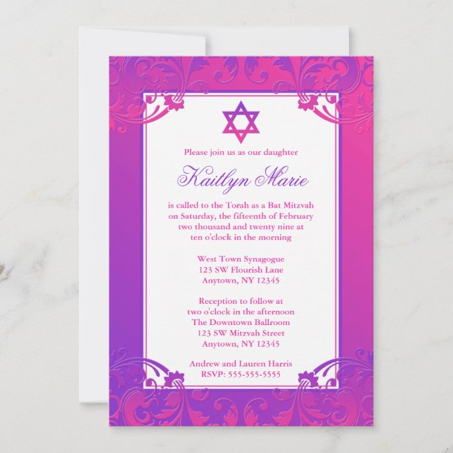 Lila Rosa - blommande Bat mitzvah inbjudningar (Framsida)