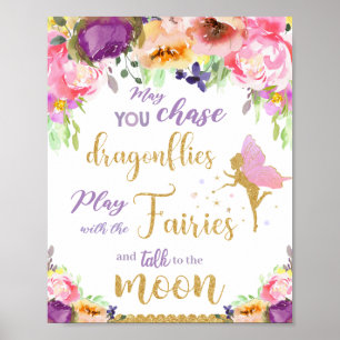 Lila Rosa Blommig Ängsdekoration för Barnkammaren Poster