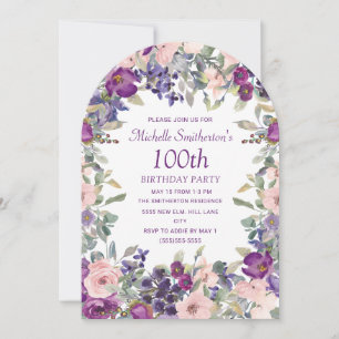 Lila Rosa Blommig Båge 100-års Födelsedag Inbjudningar
