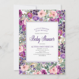 Lila Rosa Blommig Bebis-flicka Babyshower Inbjudningar