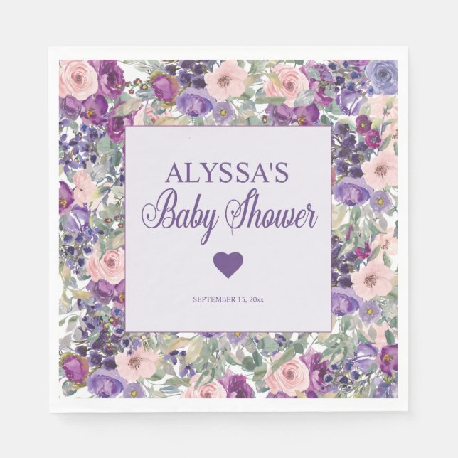 Lila Rosa Blommig Bebis-flicka Babyshower  Pappersservett (Framsidan)