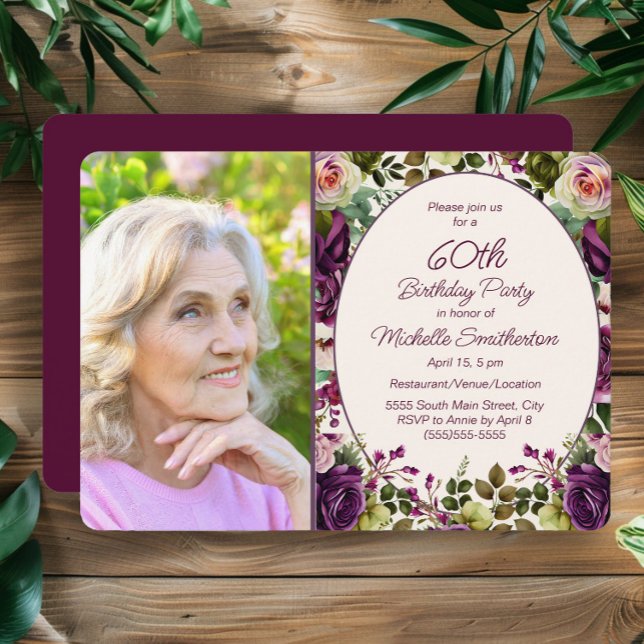 Lila Rosa Blommig Botanisk 60-års Födelsedagsfoto Inbjudningar (Elegant purple watercolor floral 60th birthday party photo invitation)