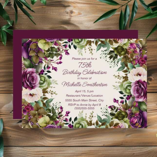 Lila Rosa Blommig Botanisk 75-årsdag Inbjudningar (Elegant purple watercolor floral 75th birthday party invitation)