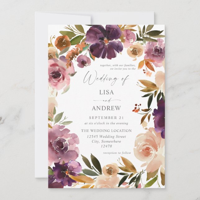 Lila & Rosa Blommig Bröllop V3 Stort Inbjudningar (Framsida)