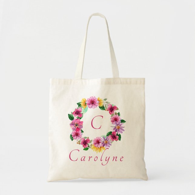 Lila Rosa Blommig Brudtärna Monogram Namn  Tygkasse (Framsidan)