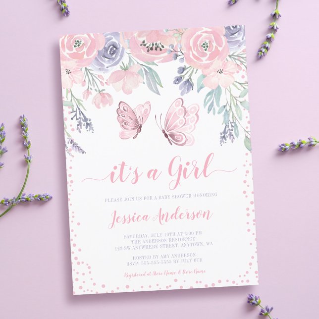 Lila Rosa Blommig Fjäril Flick Baby Shower Inbjudningar (Skapare uppladdad)