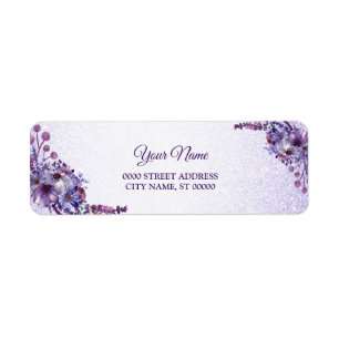 Lila Rosa Blommig Glitter Bröllops Returadress Etikett