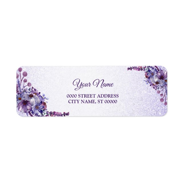Lila Rosa Blommig Glitter Bröllops Returadress Etikett (Framsidan)