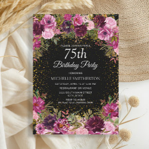 Lila Rosa Blommig Glitter Svart 75-årsdag Inbjudningar