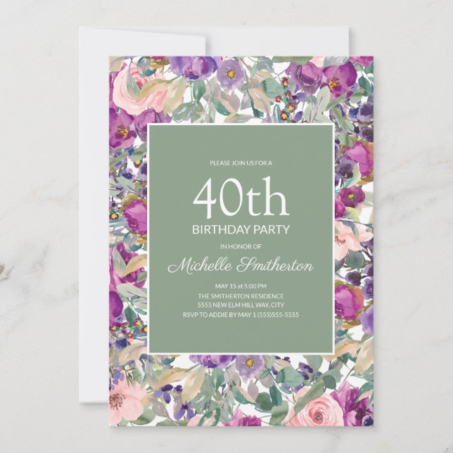 Lila Rosa Blommig Grön 40-års Födelsedag Inbjudningar (Framsida)