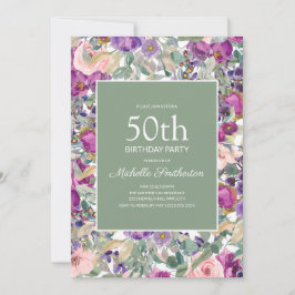 Lila Rosa Blommig Grön 50-årsdag Inbjudningar