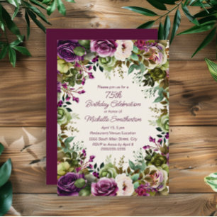 Lila Rosa Blommig Gröna blad 75-årsdag Inbjudningar