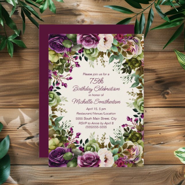 Lila Rosa Blommig Gröna blad 75-årsdag Inbjudningar (Elegant purple and pink watercolor floral 75th birthday party invitation)
