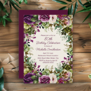 Lila Rosa Blommig Gröna blad 80-årsdag Inbjudningar