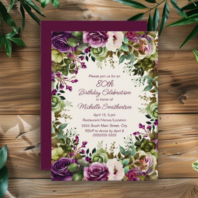 Lila Rosa Blommig Gröna blad 80-årsdag Inbjudningar (Purple and pink watercolor floral 80th birthday party invitation)