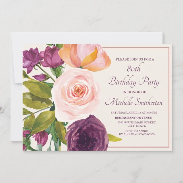 Lila Rosa Blommig Kräm 80-årsdag (Framsida)