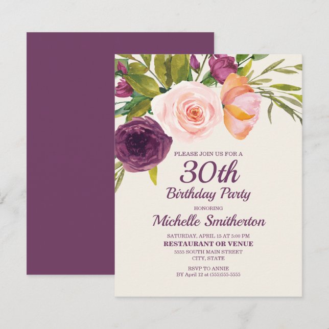 Lila Rosa Blommig Kvinnas 30-års Födelsedag Kort (Fram/baksida)