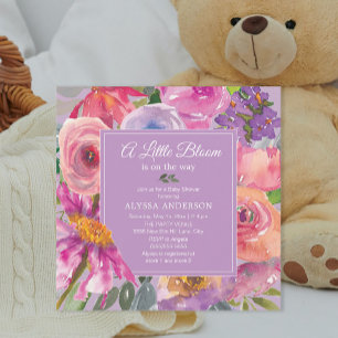 Lila Rosa Blommig Little Bloom Barnkalas Inbjudningar