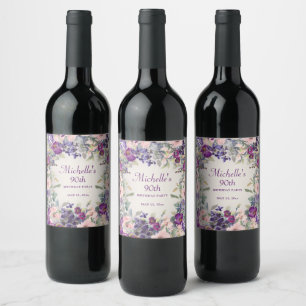 Lila Rosa Blommig Lövverk 90-årsdag Vinflaska Etikett