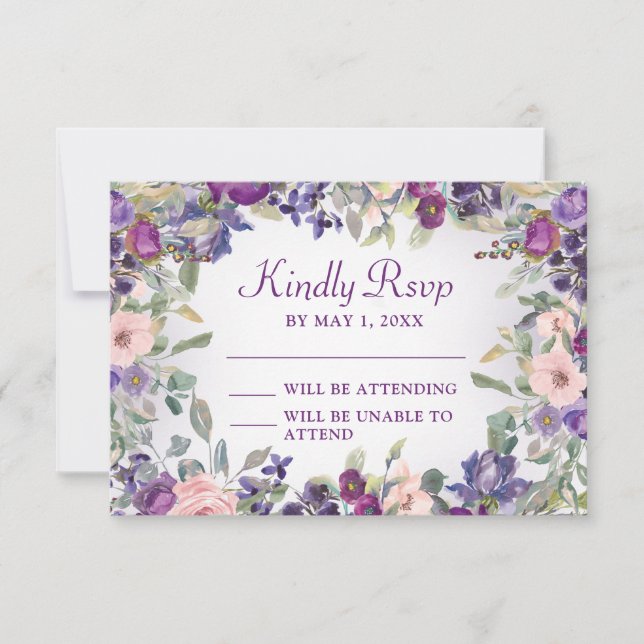 Lila Rosa Blommig Lövverk RSVP OSA Kort (Framsida)
