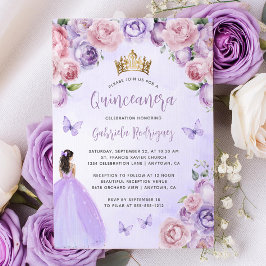 Lila Rosa Blommig Vattenfärg Quinceañera Inbjudningar