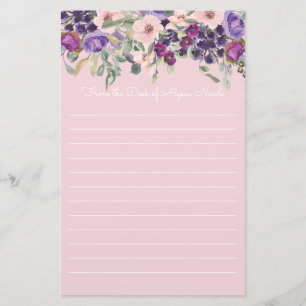 Lila Rosa Blommig Vit Linjerad Brevpapper
