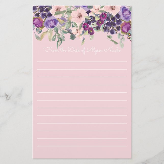 Lila Rosa Blommig Vit Linjerad Brevpapper (Framsida)