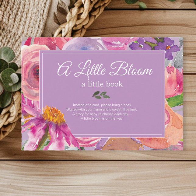 Lila Rosa Blommiga Böcker för Baby Shower Tilläggskort (Pink and purple watercolor floral "Books for Baby" enclosure card)