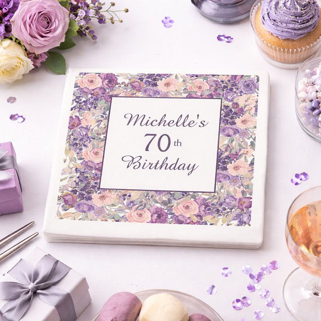 Lila Rosa Blommiga Löv 70-års Födelsedag Pappersservett (Purple and pink watercolor floral 70th birthday party paper napkins)