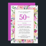 Lila Rosa Blommigt 50:e födelsedagsinbjudan Inbjudningar<br><div class="desc">Fina, färgstarka blommor i kombination har rosa, lila och grå gula blommor. Baksidan av det 50:e födelsedagsfest inbjudan är smart lila. Den matchar 50:e som skrivs i samma feta lila. Födelsedagsfirandet och namn är också lila. Bright grönt lövs lägger till ett modernt botaniskt virus. Inbjudan ingår i Festive Blommigt 50...</div>