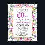 Lila Rosa Blommigt 60:e födelsedagen Inbjudan Vykort<br><div class="desc">Fina, färgstarka blommor i kombination har rosa, lila och grå gula blommor. Födelsedagsfirandet och namn är också lila. Bright grönt lövs lägger till ett modernt botaniskt virus. Den här inbjudan ingår i Festive Blommigt 60 Birthday-samlingen. Den innehåller mallar som är enkla att använda för att skapa söt inbjudningar och födelsedagsfester....</div>