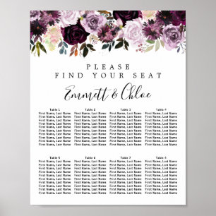 Lila Rosa Blommigt 8-Bord Bröllop, sittdiagram Poster