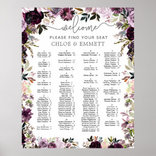 Lila Rosa Blommigt Alfabetiskt sittningsschema Poster