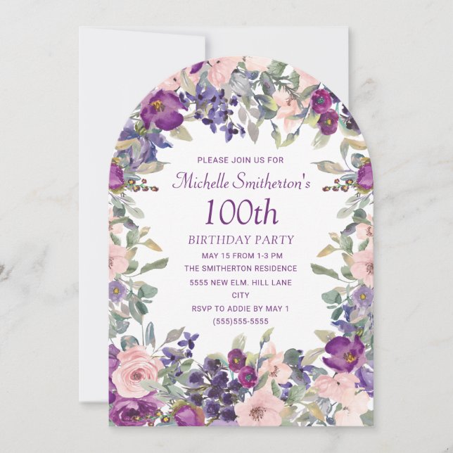 Lila  Rosa Blommigt Arch 100 Birthday Inbjudningar (Framsida)