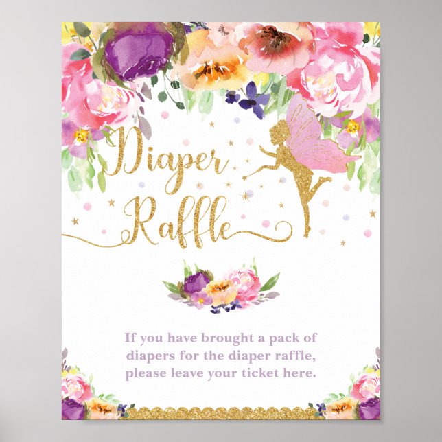 Lila Rosa Blommigt Baby Diaper Raffle Sign Poster (Framsidan)