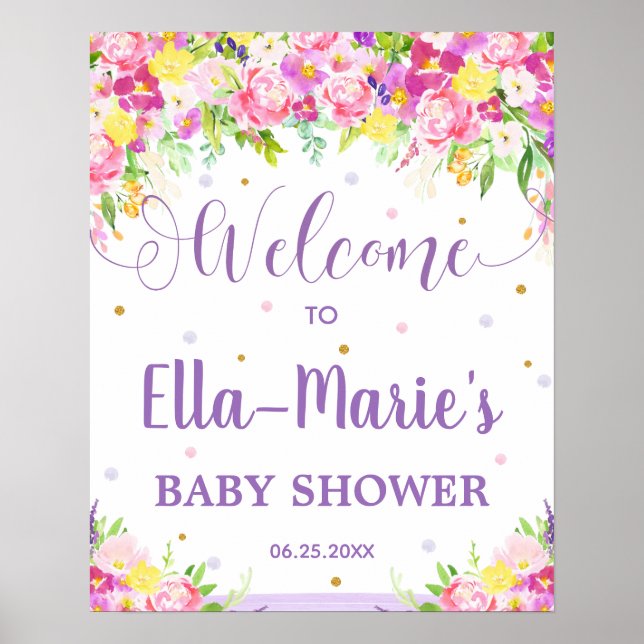 Lila Rosa Blommigt Baby Shower Birthday Välkommen Poster (Framsidan)
