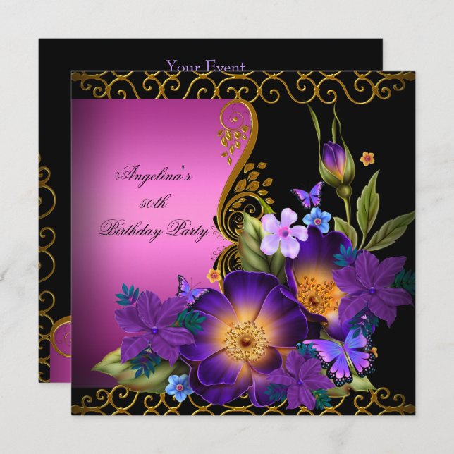 Lila Rosa Blommigt Black Guld Födelsedagsfest Inbjudningar (Fram/baksida)