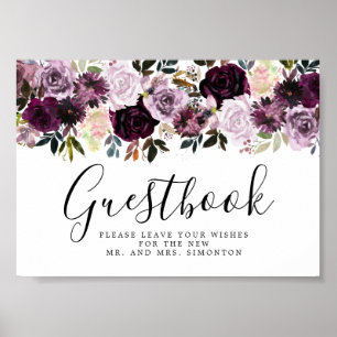 Lila Rosa Blommigt Bröllop Guestbook-tecken Poster