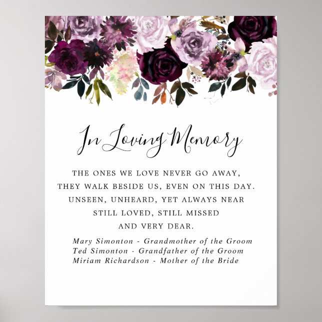 Lila Rosa Blommigt Bröllop Memorial Sign Poster (Framsidan)