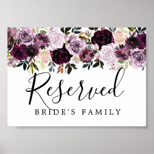 Lila Rosa Blommigt Bröllop Reserved Sign Poster