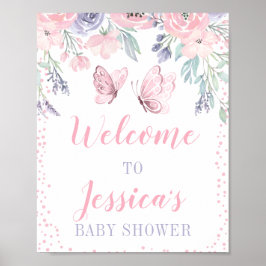 Lila Rosa Blommigt Butterfly Baby Shower Sign Sign Poster