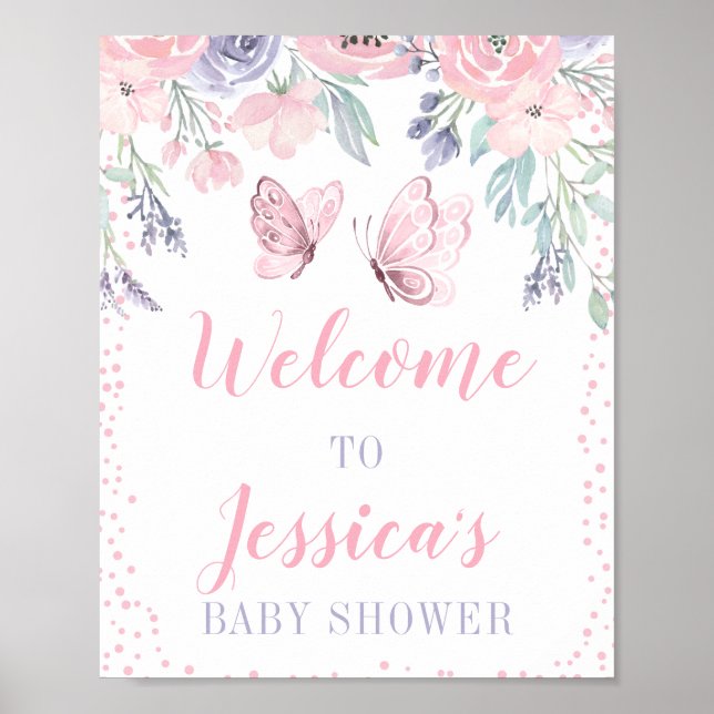 Lila Rosa Blommigt Butterfly Baby Shower Sign Sign Poster (Framsidan)