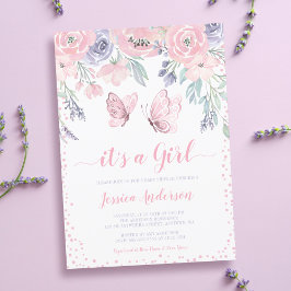Lila Rosa Blommigt Butterfly Girl Baby Shower Inbjudningar