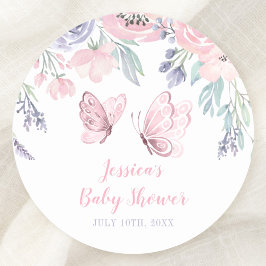Lila Rosa Blommigt Butterfly Girl Baby Shower Runt Klistermärke