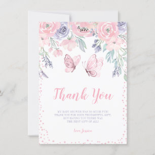 Lila Rosa Blommigt Butterfly Girl Baby Shower Tack Kort